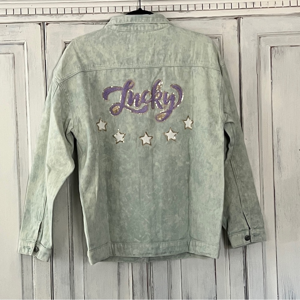 🟠NWT FANTASTIC FAWN "Lucky” Patch Sequin Denim Jacket in Washed Sage